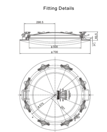500mm Low Profile Manlid Assembly with double skin cover Fitting Details