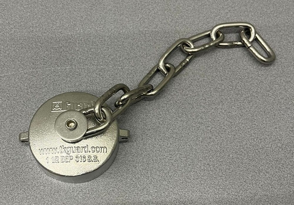 Capuchon anti-poussière 1,5" BSP en acier inoxydable avec chaîne et joint PTFE