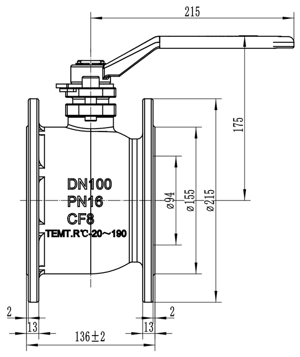 4" Kogelkraan met volledige boring, MAWP 7 bar, SS316